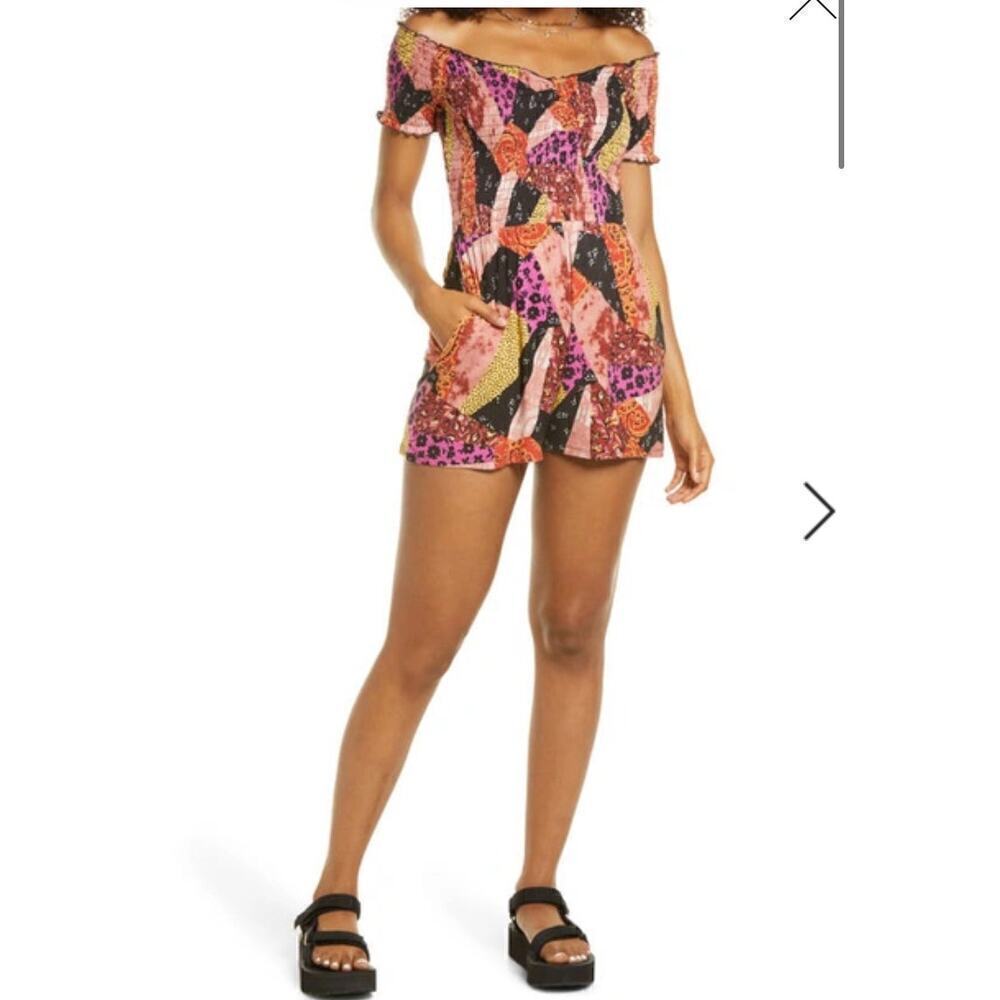 NWT BP. Off The Shoulder Smocked Rib Romper In Orange Multi Patchwork small